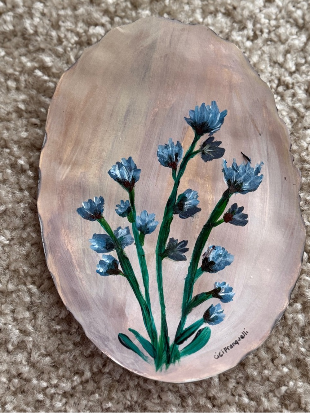 Original Hand-Painted SIGNED Floral Wood Slice with Blue Flowers Oval Acrylic